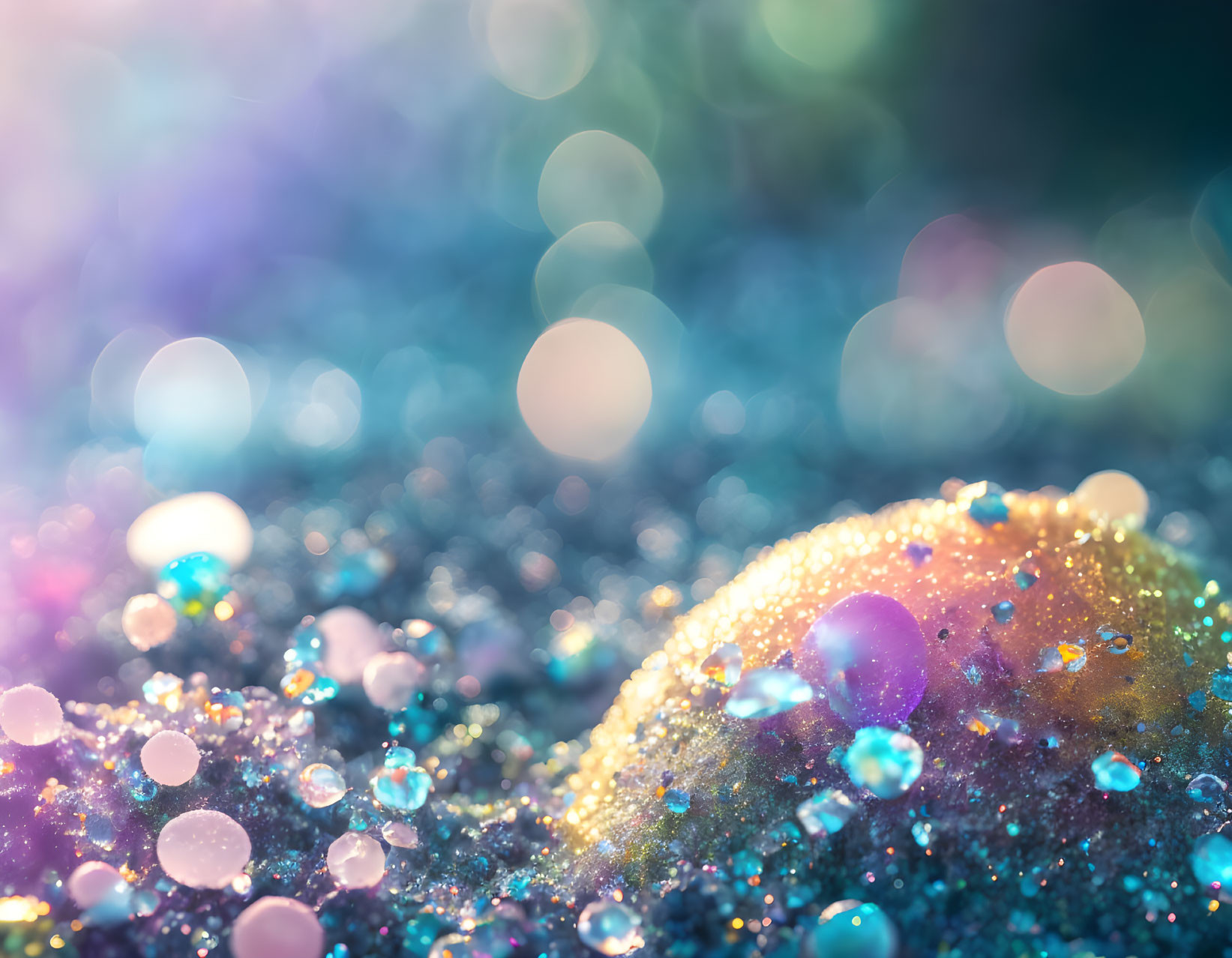 Vibrant abstract macro shot of sparkling bokeh lights in blue, purple, and golden hues