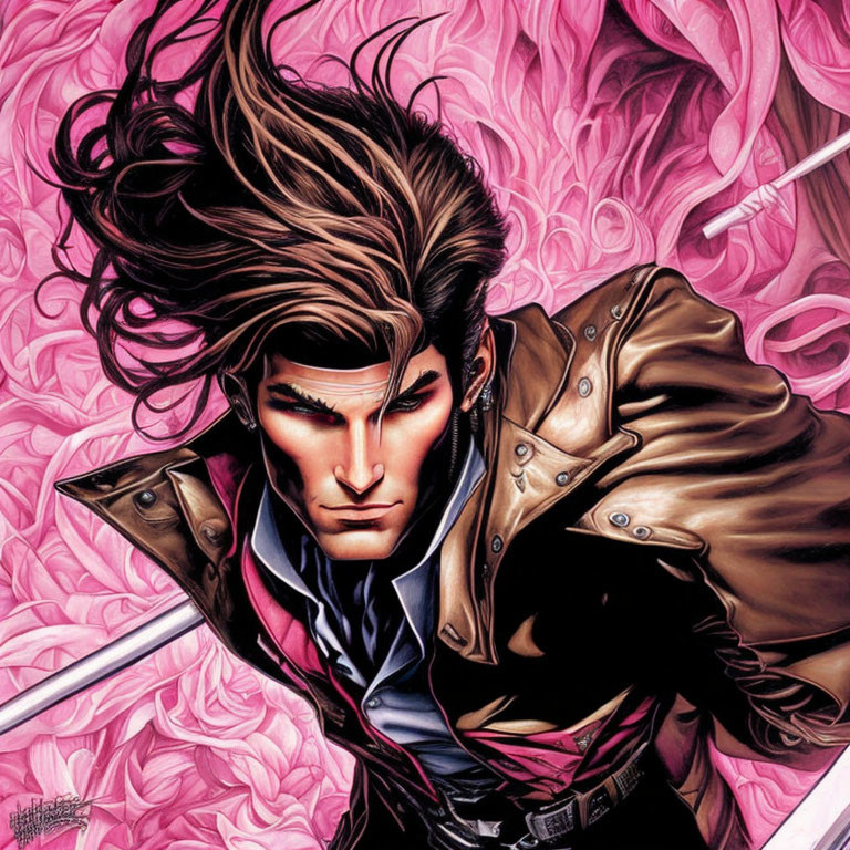 Stylized male figure with sword and voluminous hair amid swirling pink roses