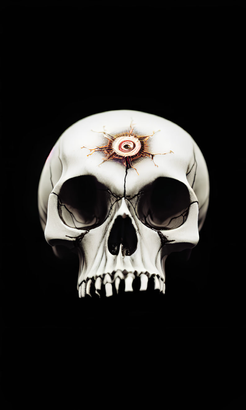 Surreal human skull with central eye on black background