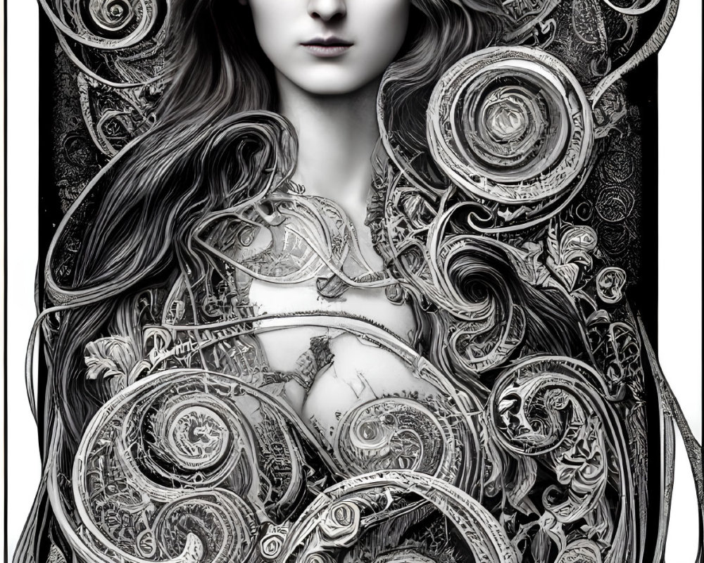 Detailed monochromatic illustration of woman with swirling patterns.