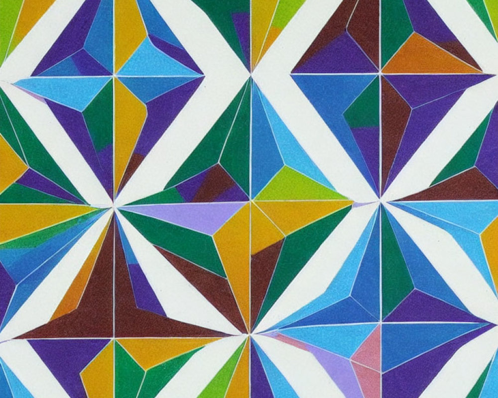 Vibrant geometric pattern with interlocking triangles in blue, green, yellow, and purple