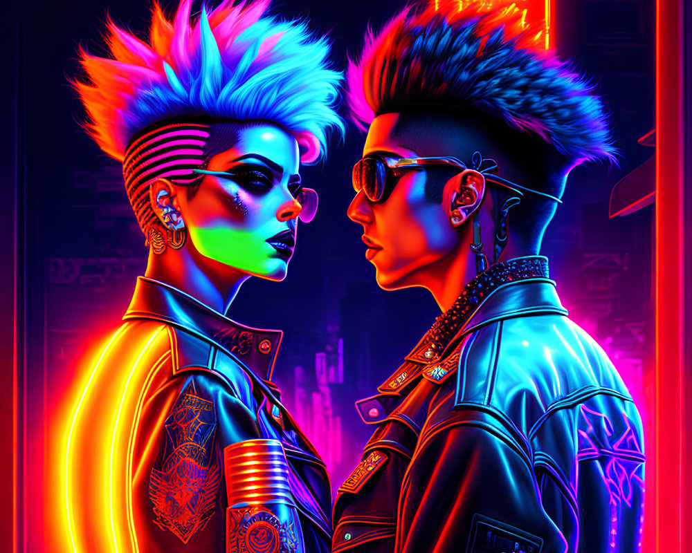 Vibrant punk hairstyles in neon-lit urban setting