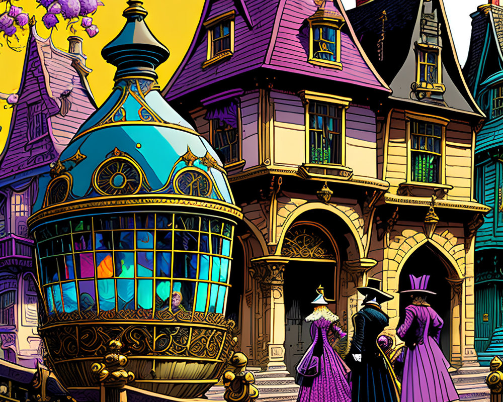 Vibrant Victorian-era characters on cobblestone street with whimsical architecture