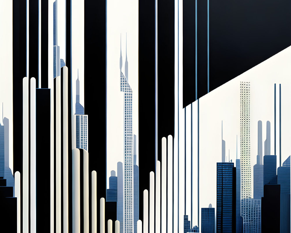 Geometric city skyline with vertical lines and skyscraper silhouettes on blue and black background