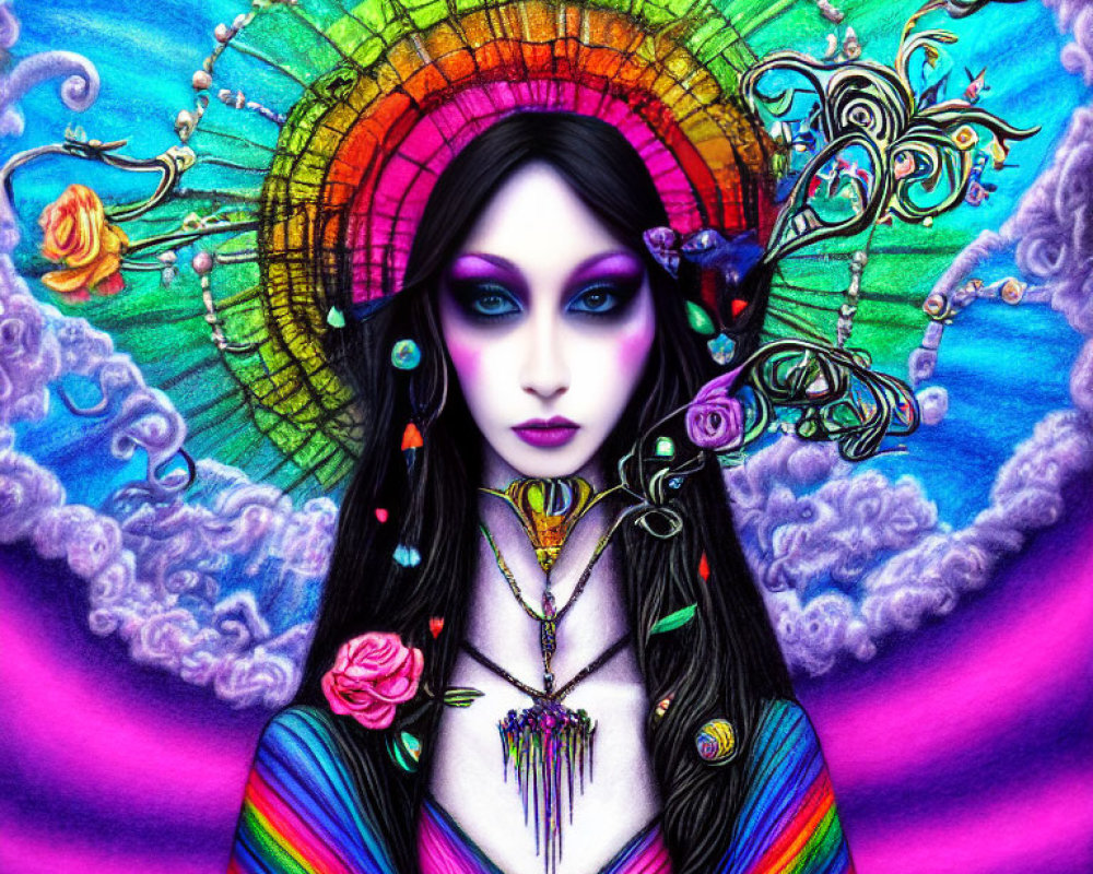 Colorful Illustration of Woman with Black Hair and Striking Makeup