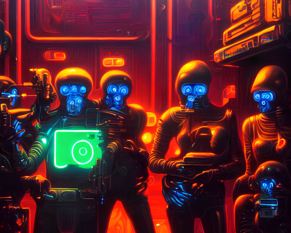 Futuristic soldiers in detailed mechanical suits in neon-lit environment