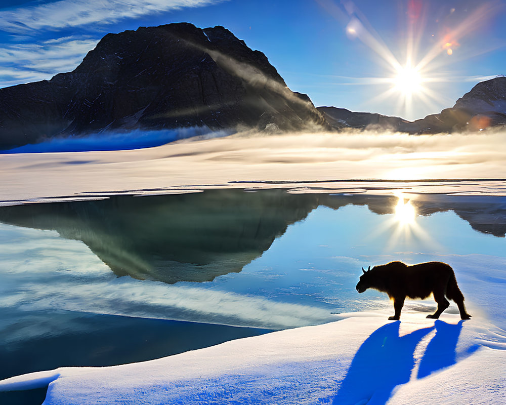 Bear walking in snow with frozen lake and mountains under sunny sky