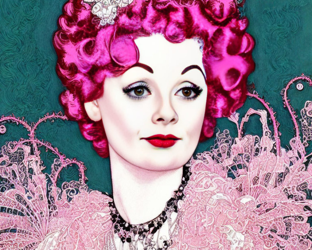 Vibrant pink hair woman with crown and lace collar on teal backdrop