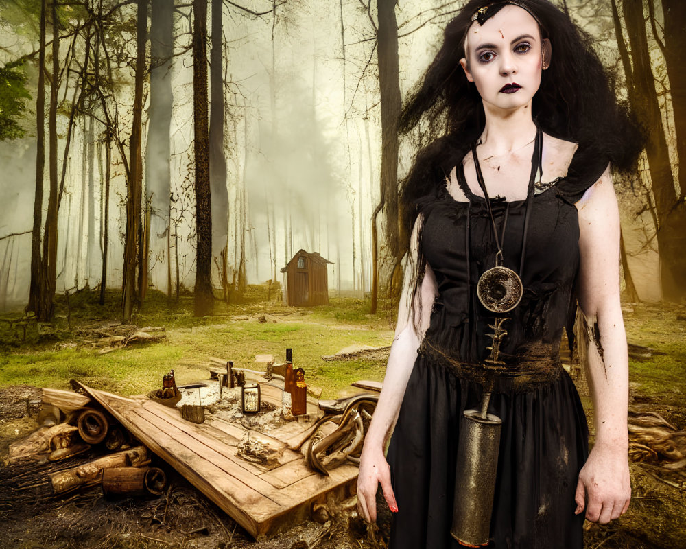 Gothic attire figure in misty forest with shed and antique items table