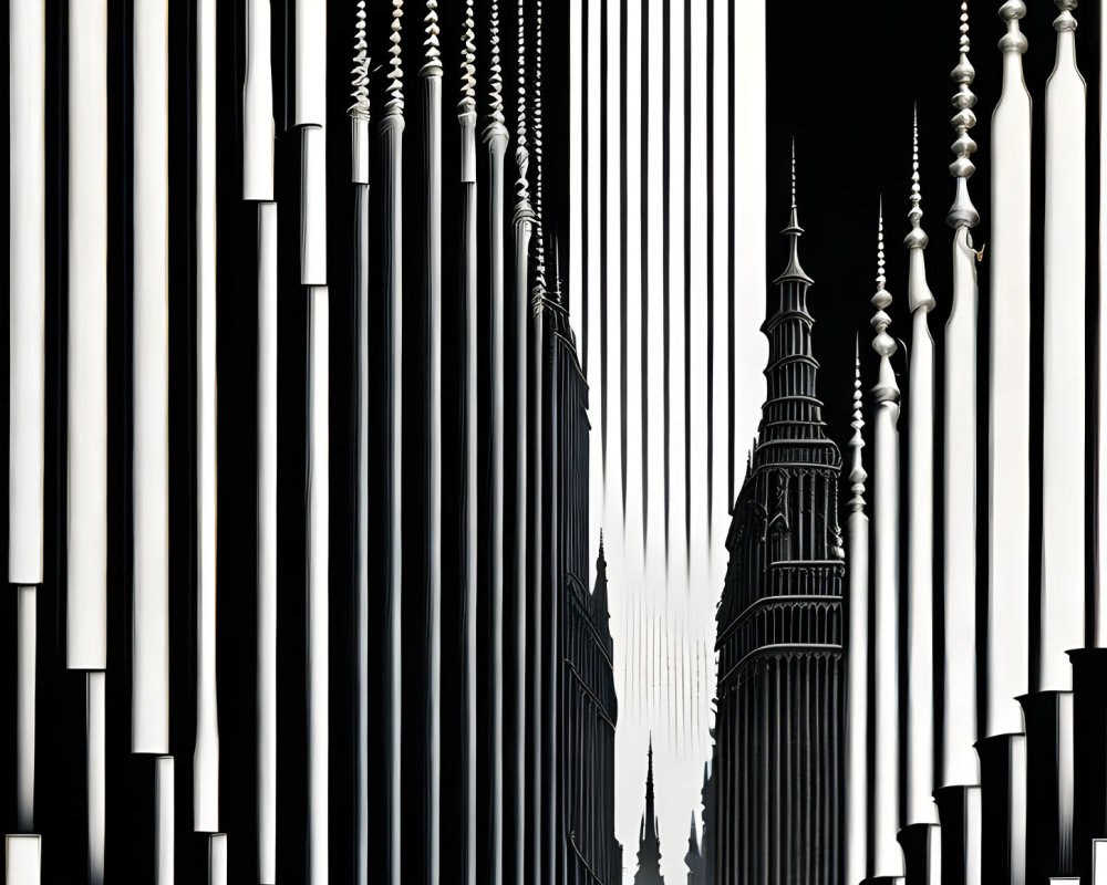 Monochrome cityscape with stylized skyscrapers and spires