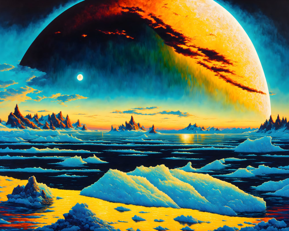 Sci-Fi Landscape with Icy Terrain, Ocean Waters, and Massive Planet