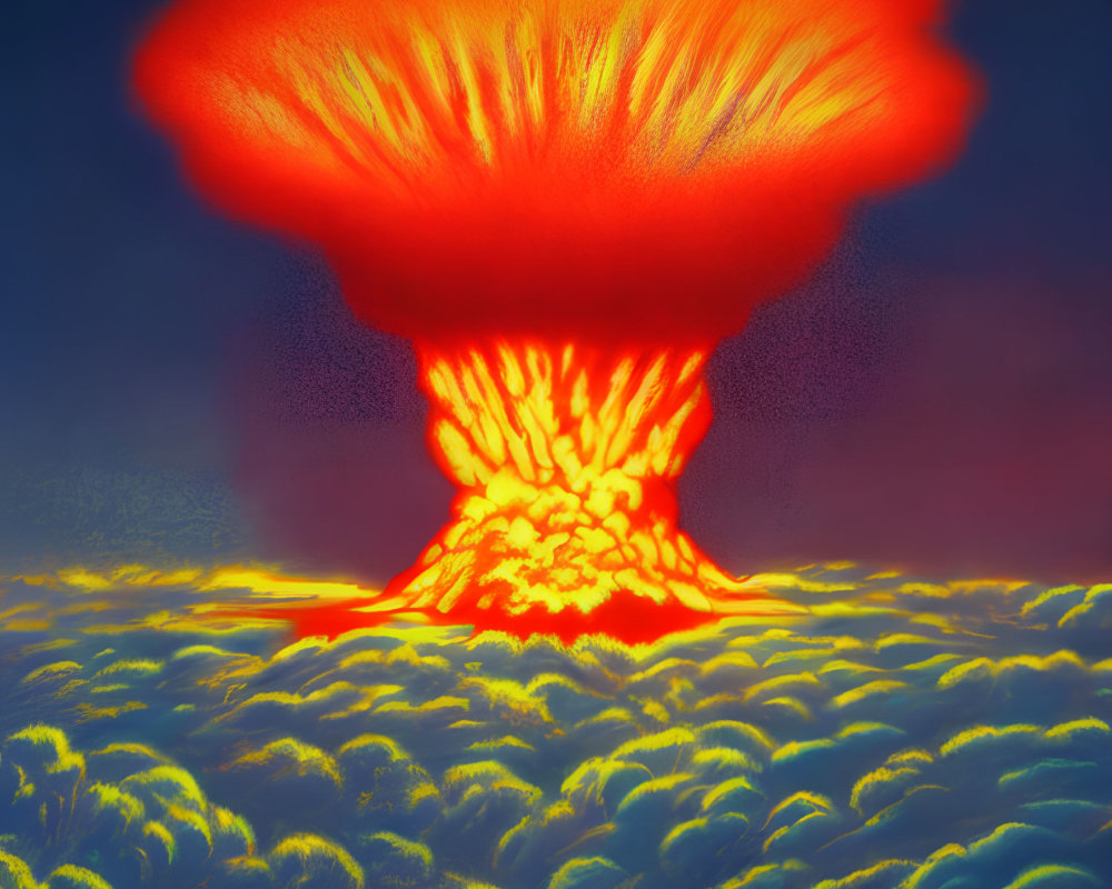 Illustration of nuclear explosion with massive mushroom cloud in red-tinted sky