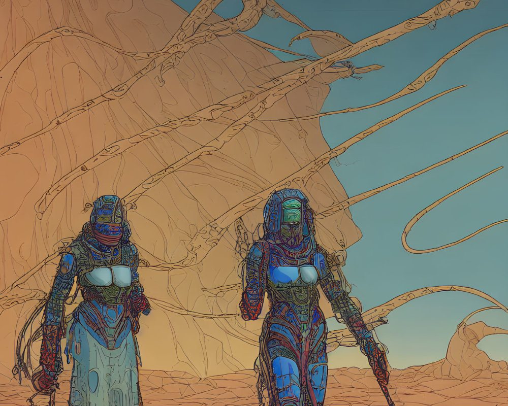 Stylized humanoid figures in intricate blue armor in surreal desert landscape