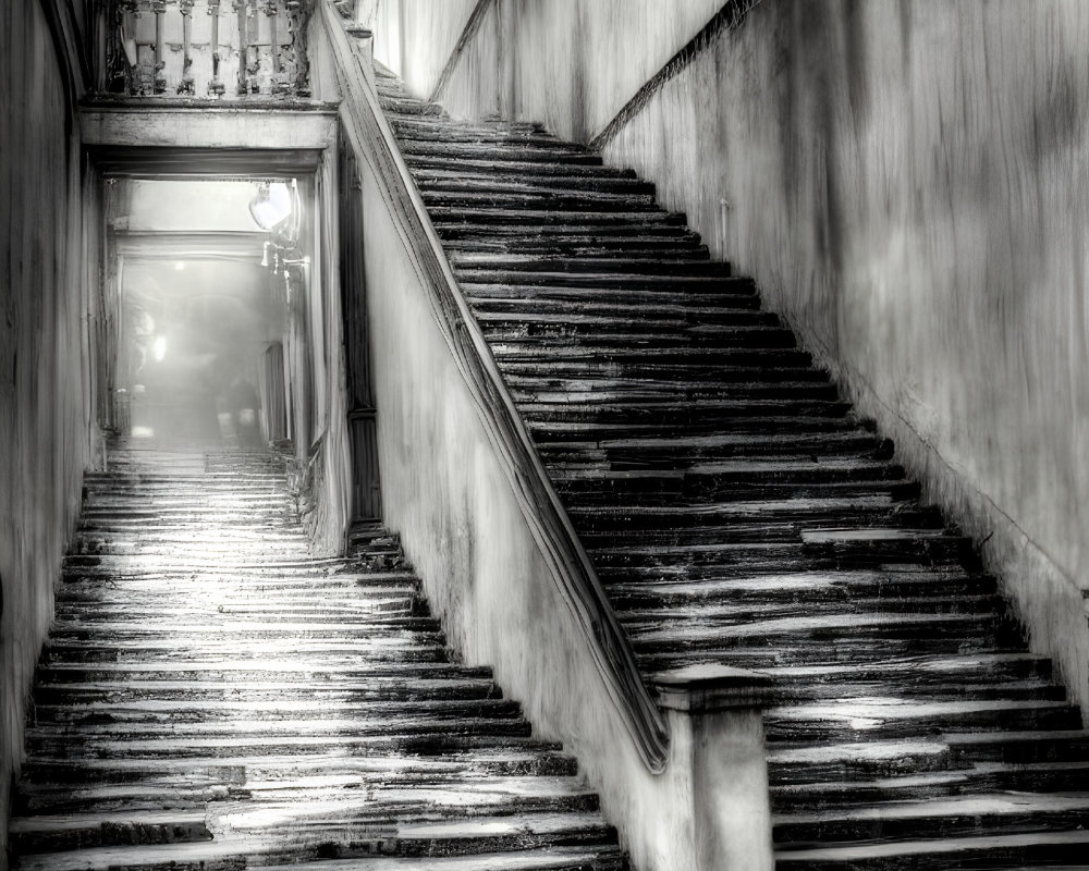 Vintage marble staircase with ornate metal railing in dimly lit corridor - eerie black and white aesthetic