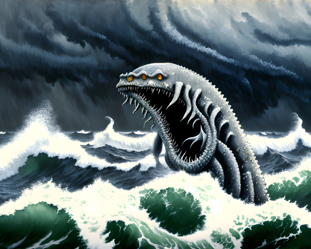 Giant sea serpent rises in stormy ocean scene