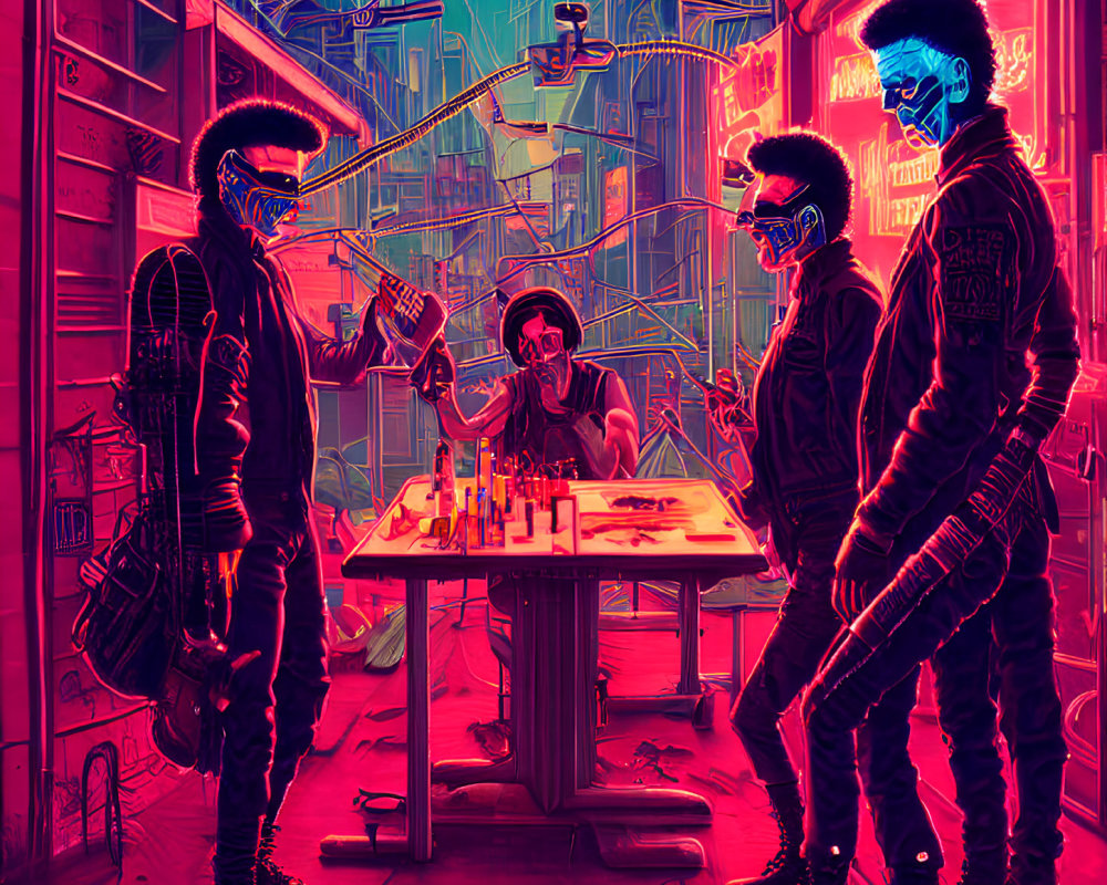 Four individuals with glowing blue skulls in futuristic alley conversation.