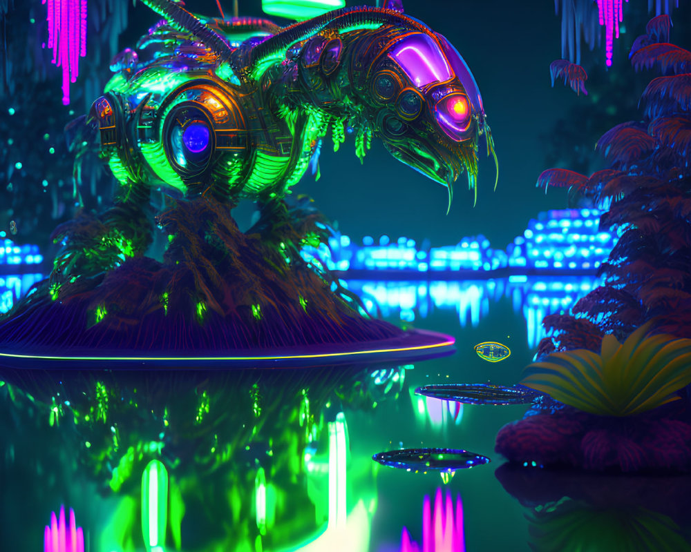 Futuristic neon dragon on island with vibrant vegetation and city lights