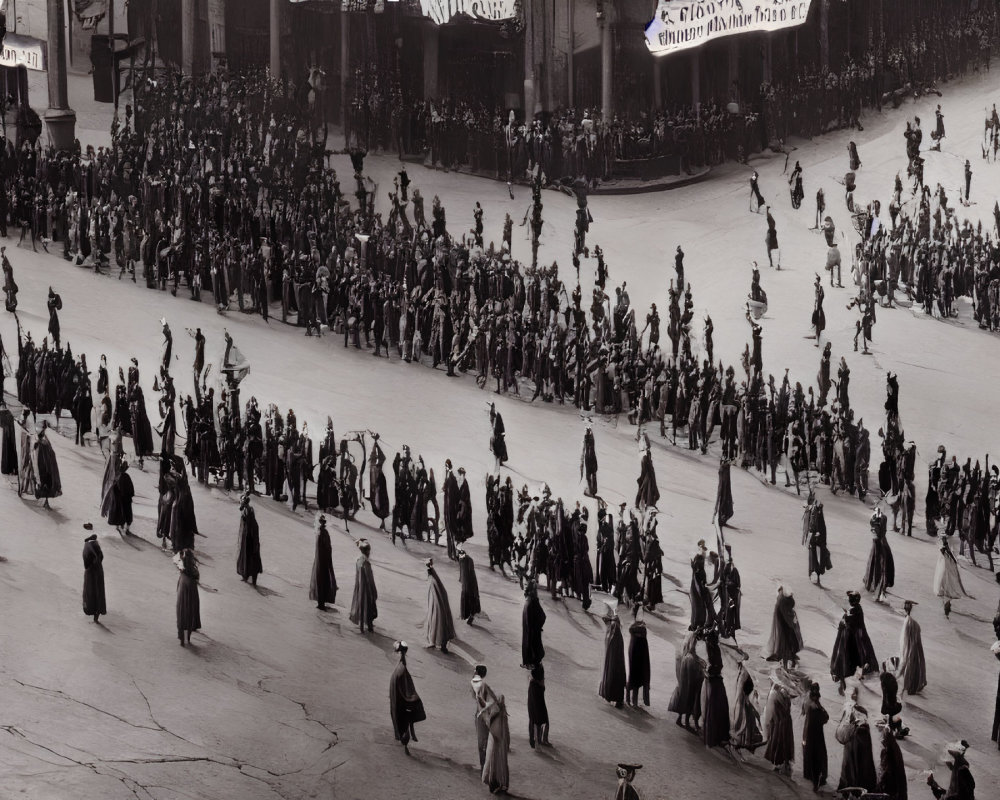 Monochrome image of crowd in traditional attire marching on street