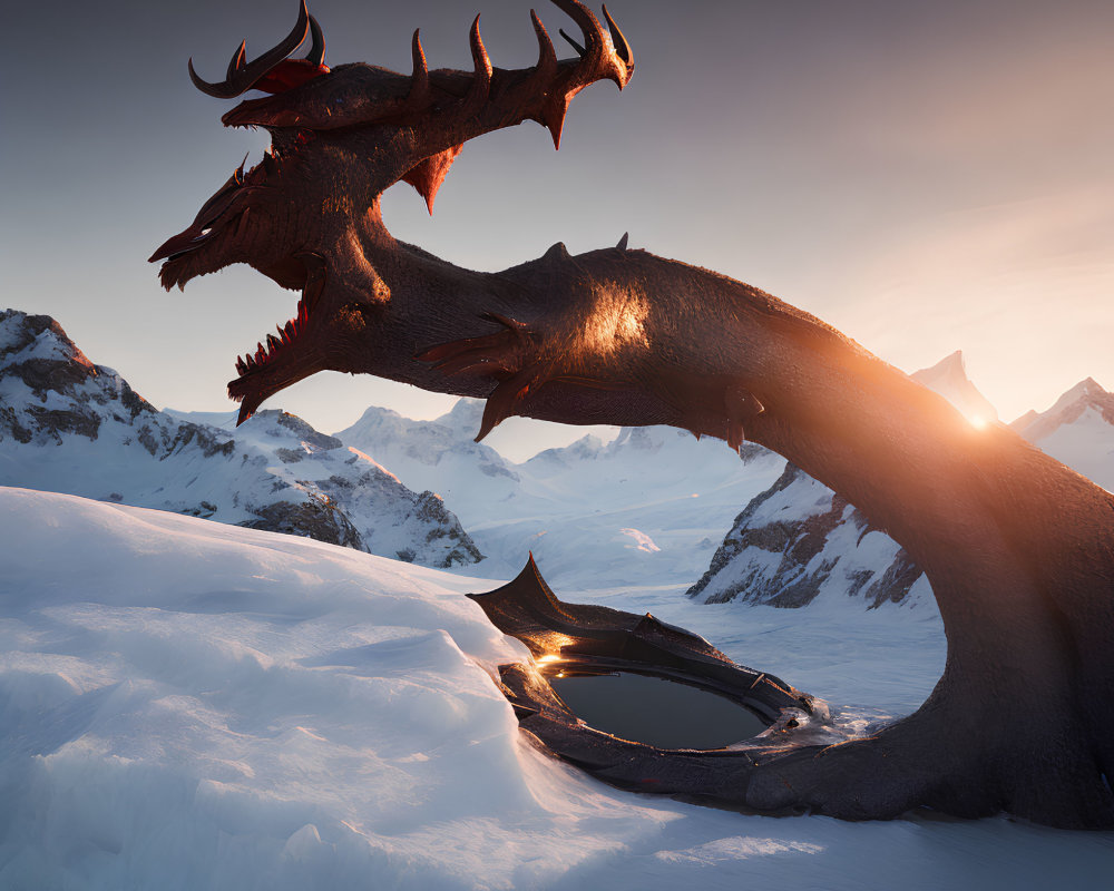 Multi-headed dragon in snowy mountain landscape at sunset