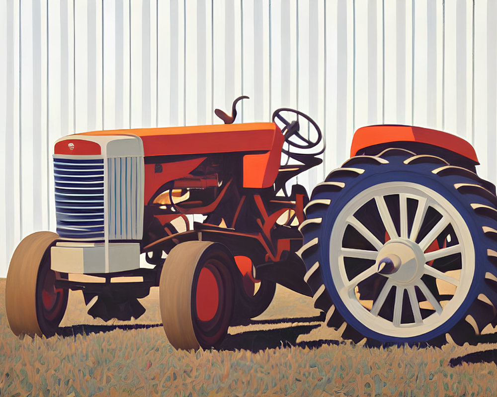 Vintage Red Tractor on Farm with Corrugated Metal Background