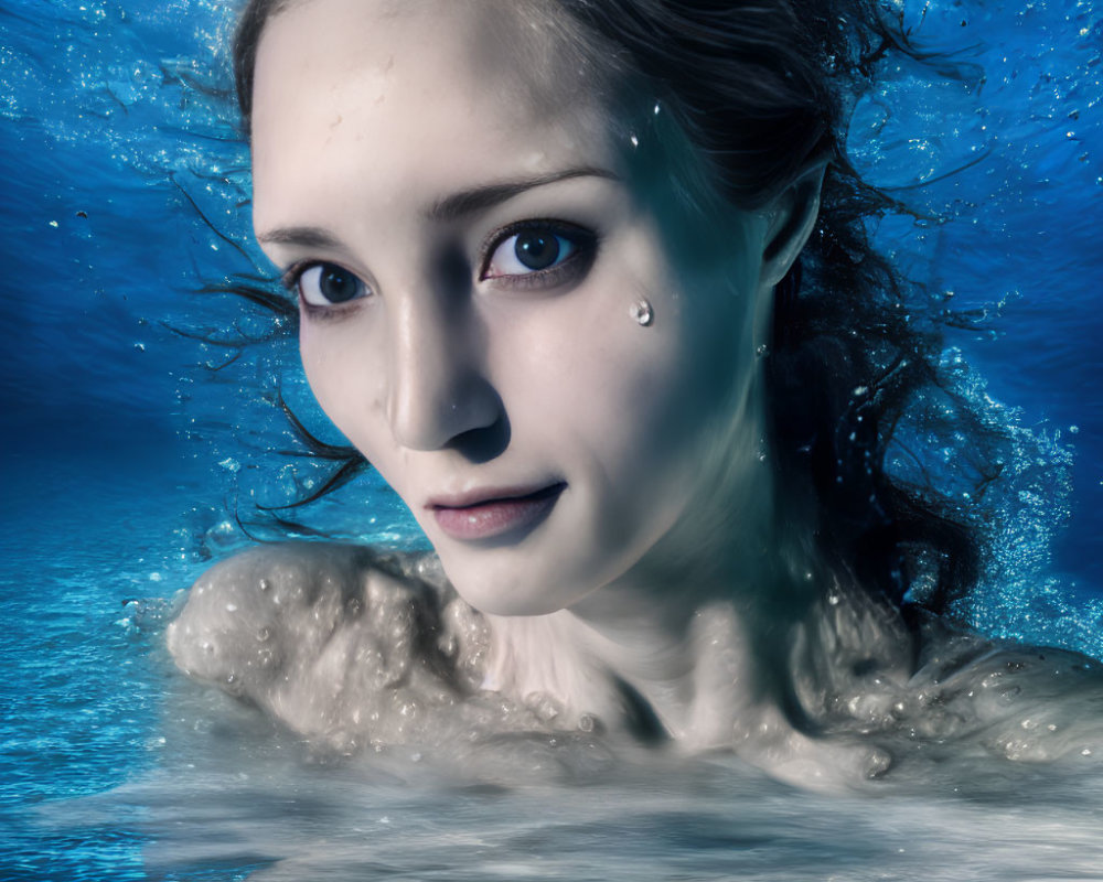 Calm person submerged in water with bubbles and floating hair