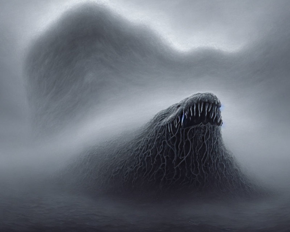 Shadowy monstrous figure with sharp teeth in surreal image