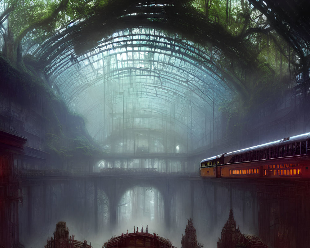 Mystical grand hall with glass ceilings and old-fashioned train reflected in water