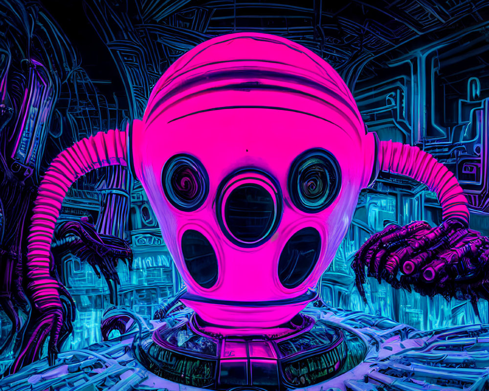 Futuristic robot with spherical head and circuitry background in neon pink and blue