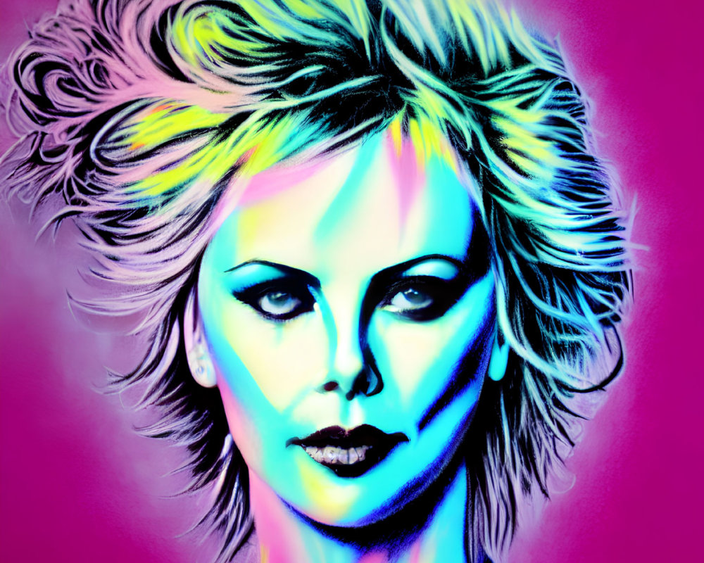 Colorful digital portrait with dynamic neon hair on vibrant background