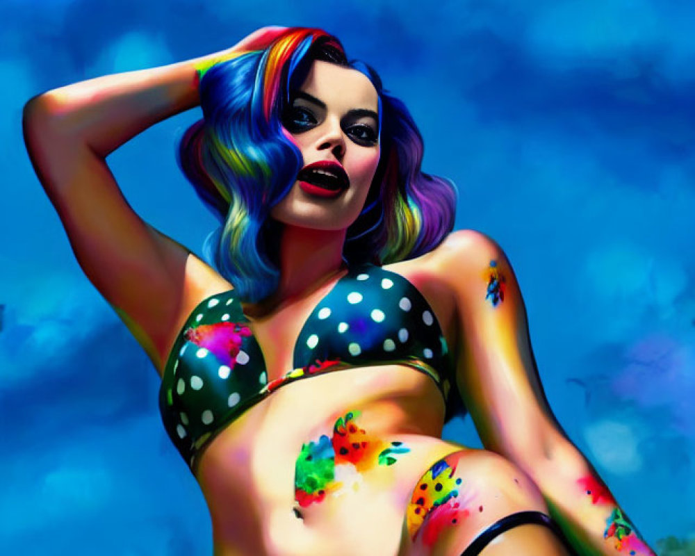 Vibrant rainbow-haired woman in polka-dot bikini against blue sky