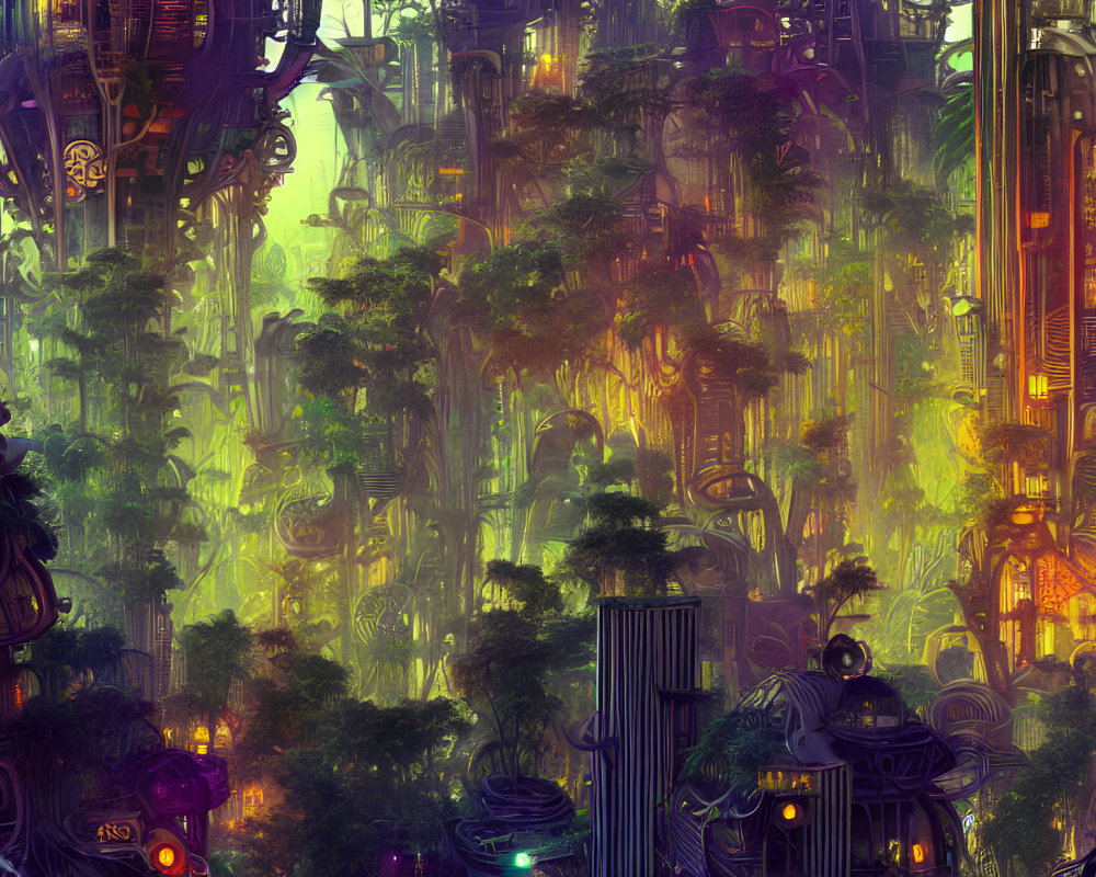 Futuristic cityscape blended with lush forest in golden and green hues