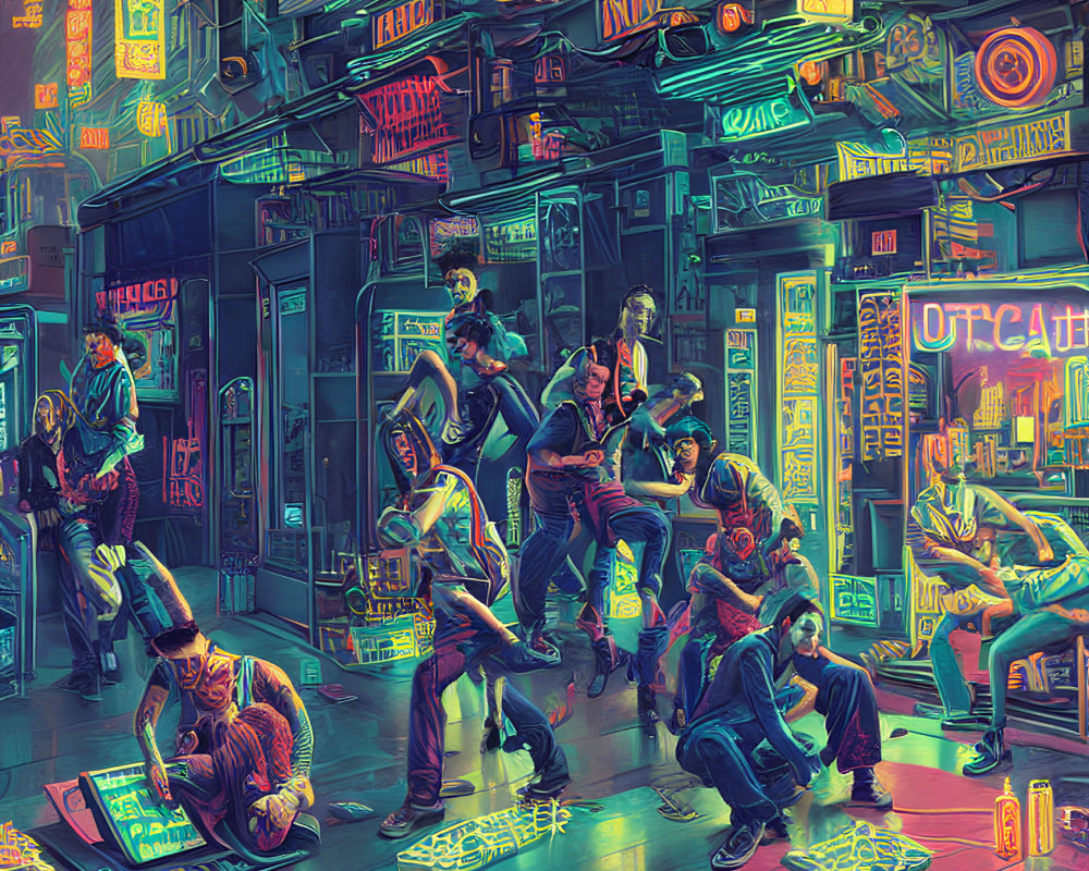 Neon-lit arcade scene with retro cyberpunk aesthetic