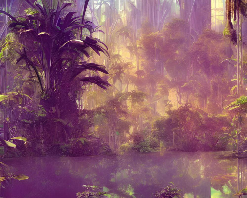 Futuristic sci-fi jungle with lush foliage and towering trees