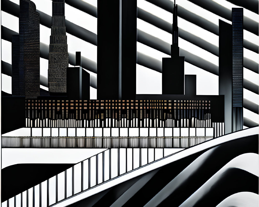 Monochromatic Abstract Cityscape with Stylized Skyscrapers