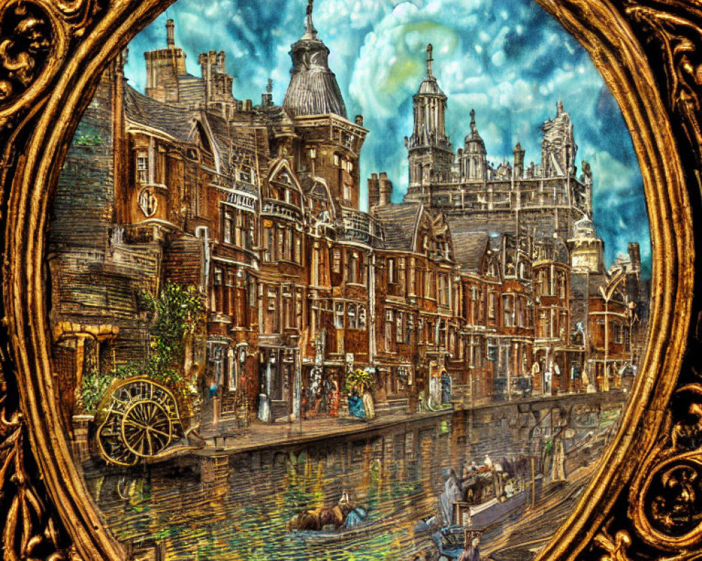 Gilded frame showcasing historic canal scene with buildings and horse-drawn cart