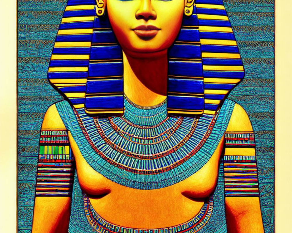 Ancient Egyptian figure with traditional headdress and ornate collar on hieroglyphic background