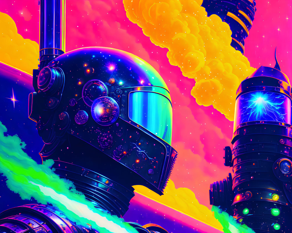 Colorful Psychedelic Robot Head Illustration with Star-Filled Face and Neon Background