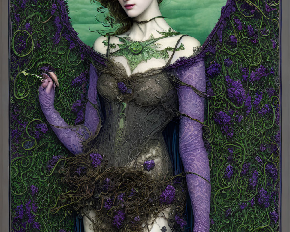 Gothic fantasy art of woman in green and purple corset under moonlight