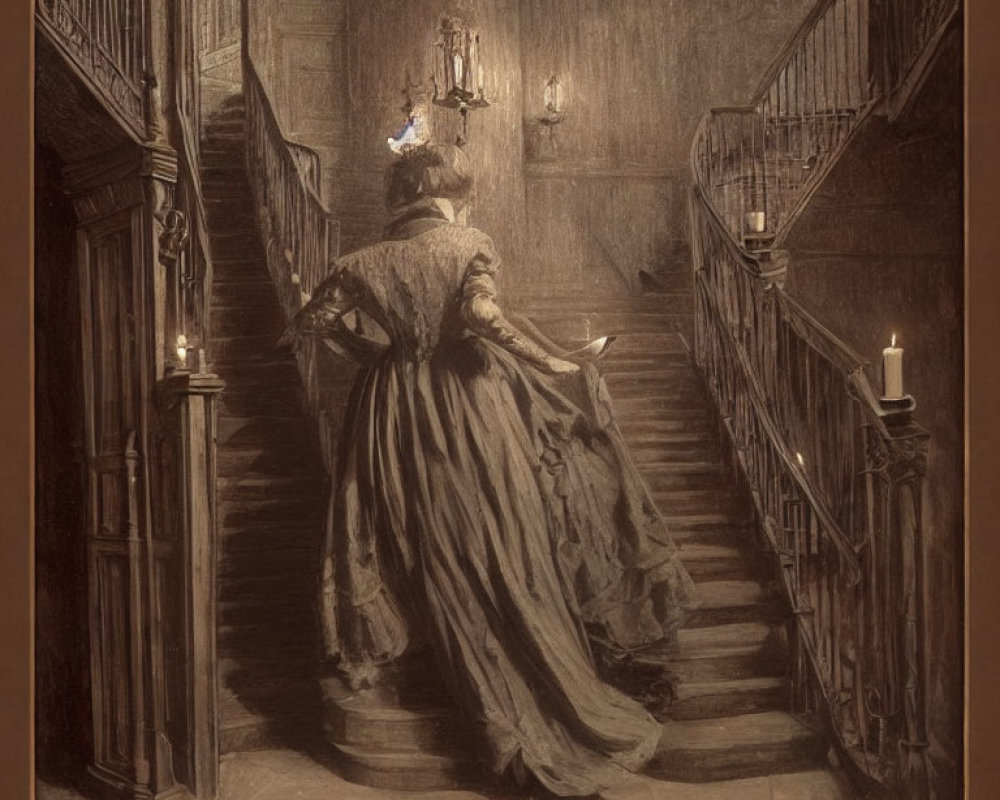 Victorian woman climbing grand staircase in elegant interior