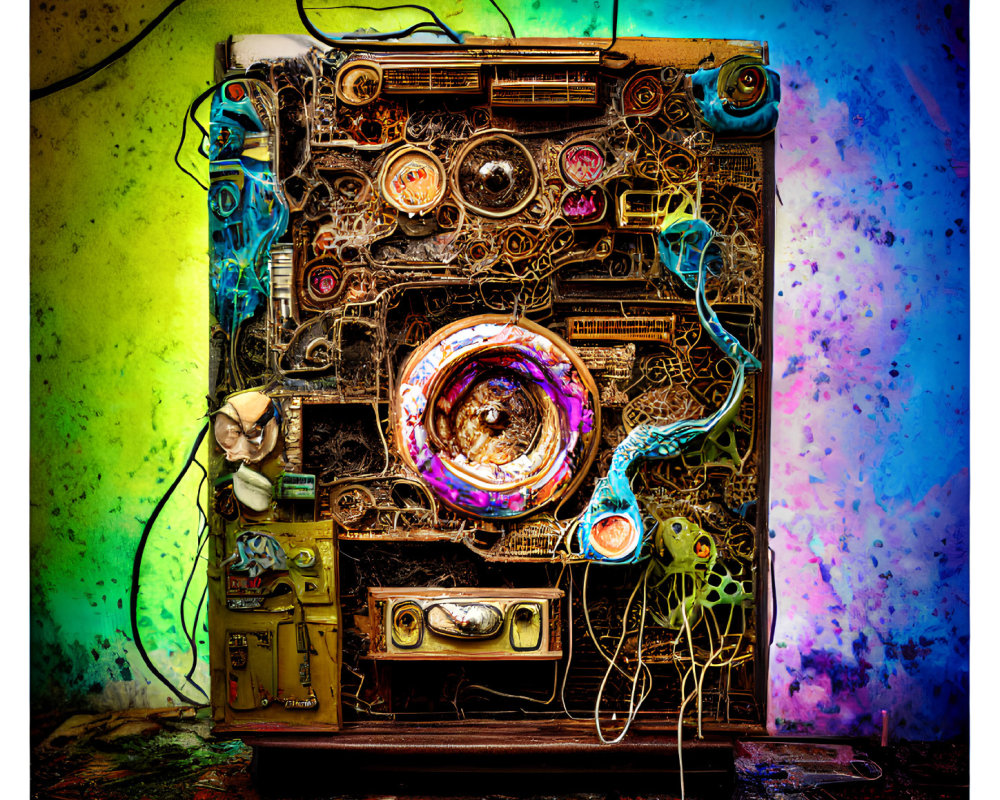 Colorful Abstract Machine with Mechanical Parts on Splattered Paint Background