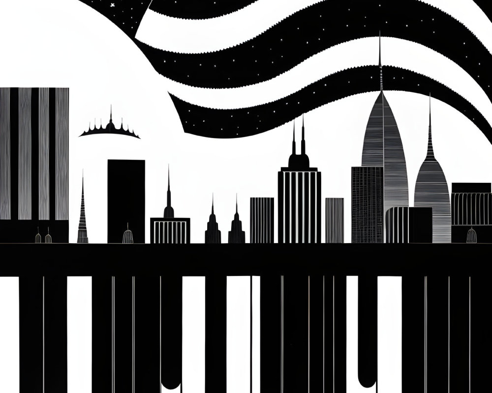 Monochrome cityscape with diverse buildings under swirling night sky and large moon, with piano-key foreground.