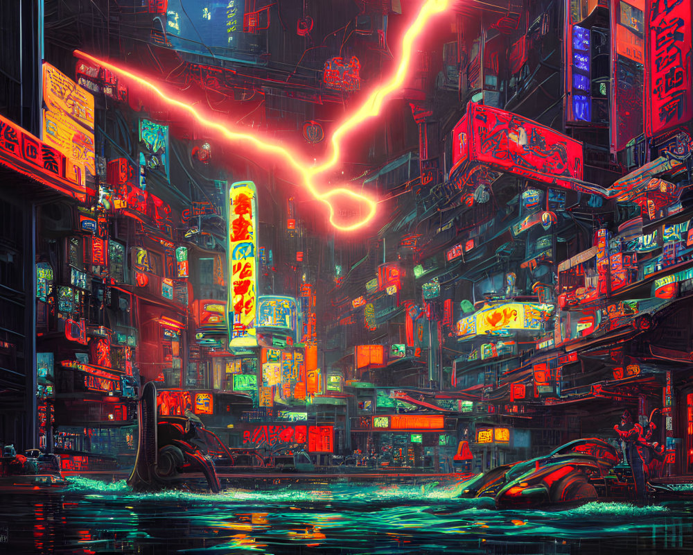 Futuristic neon cityscape with towering buildings and glowing signs