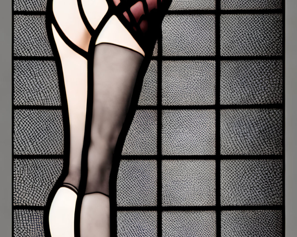 Stylized lingerie-clad woman in silhouette against checkered backdrop