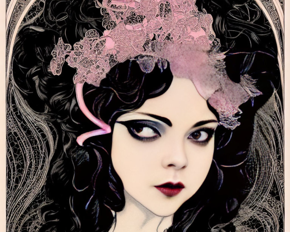 Detailed Art Nouveau Woman Illustration with Pale Skin and Dark Curly Hair