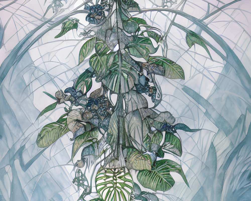 Detailed botanical illustration of blue and green plants and leaves in symmetrical design