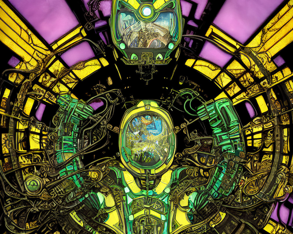 Colorful Stained Glass Window with Abstract Mechanical Design
