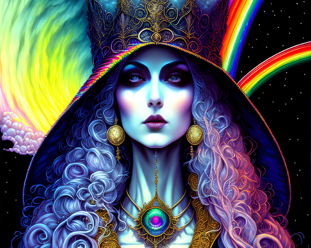 Regal figure with jeweled crown under cosmic sky