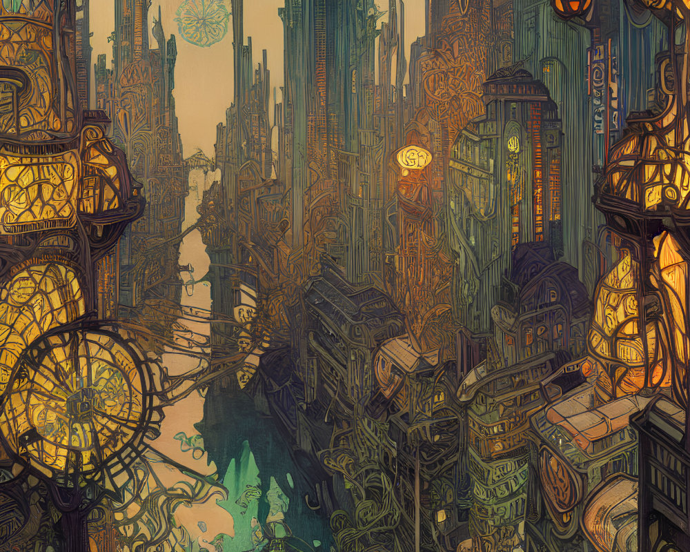 Fantastical cityscape with ornate buildings and floating orbs in warm hues