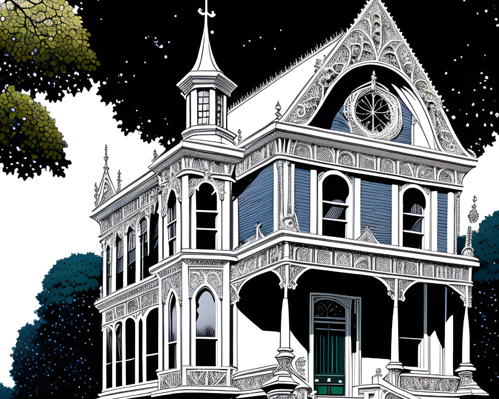 Victorian-style house illustration with intricate details against night sky.