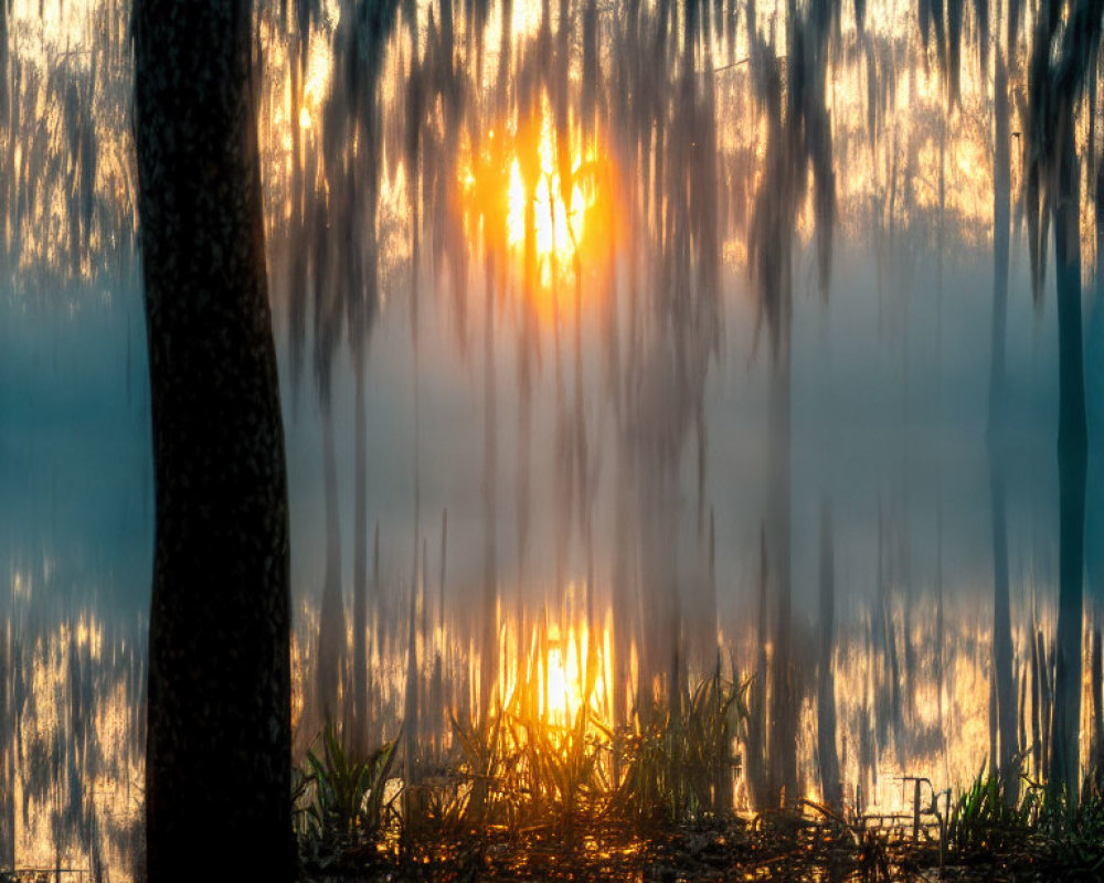 Misty Woods at Sunrise with Silhouetted Trees and Spanish Moss